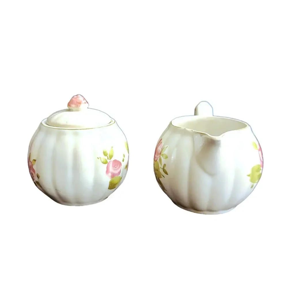 Gibson Roseland Porcelain Stoneware Vintage Sugar Bowl with Lid and Creamer Set - Picture 4 of 10